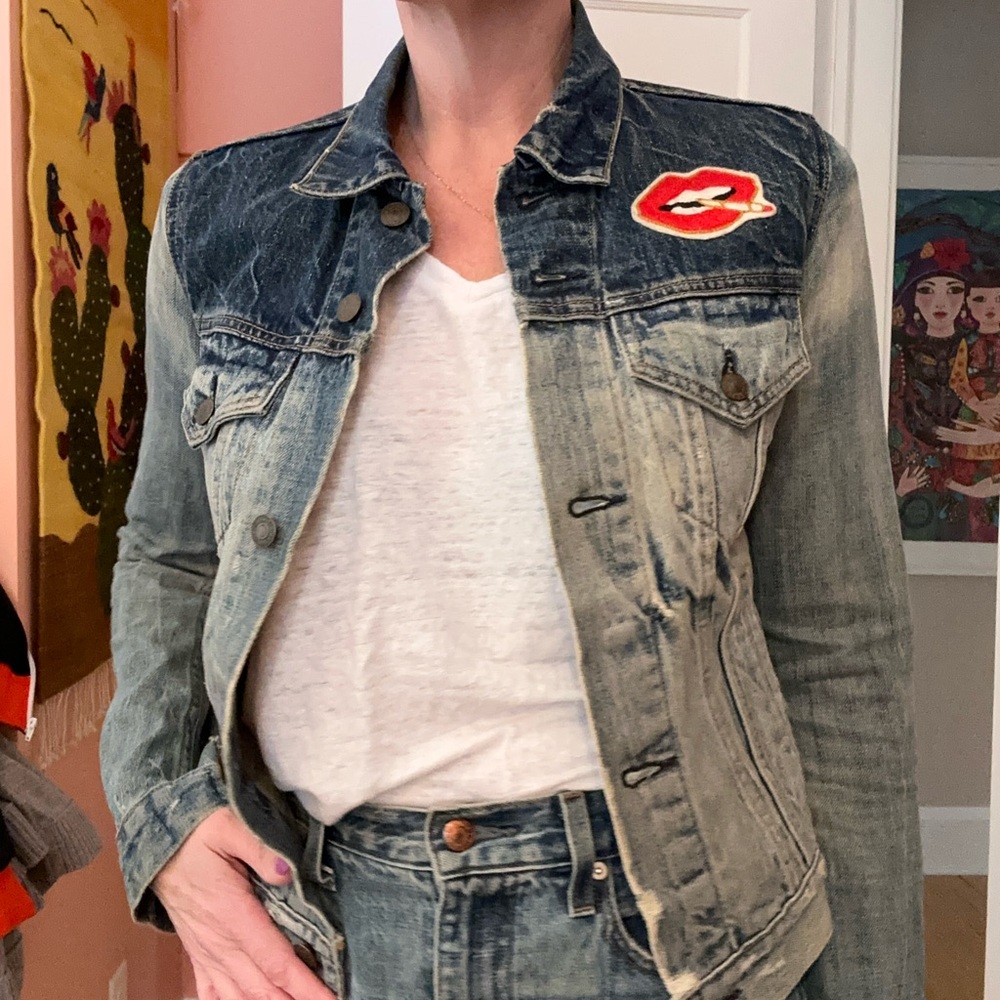 Denim & Supply XS distressed denim jacket with Ft Lonesome “smoking joint” patch